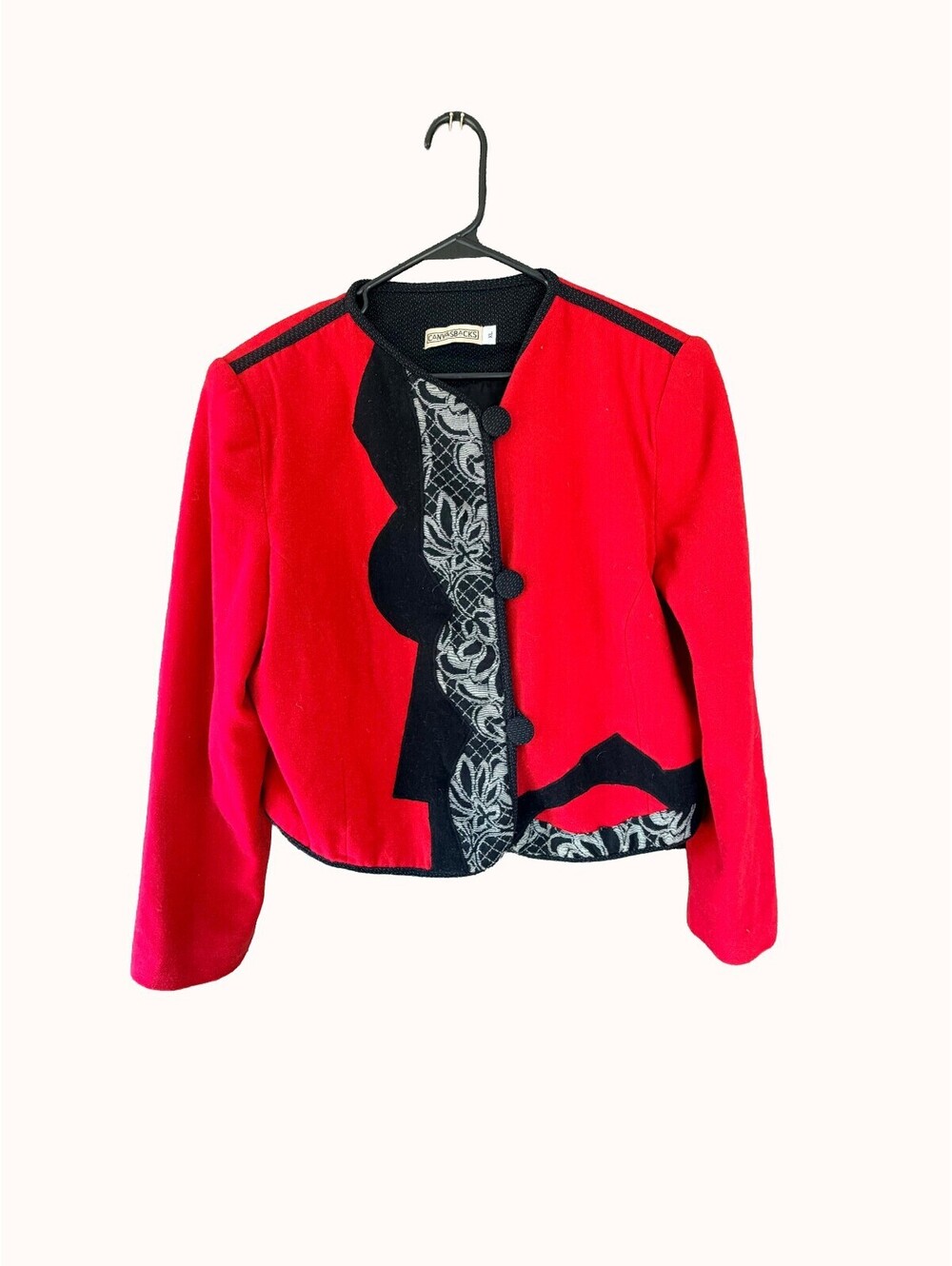 Canvasbacks Vintage Wool Cashmere Art to Wear Cropped Jacket Applique Red XL